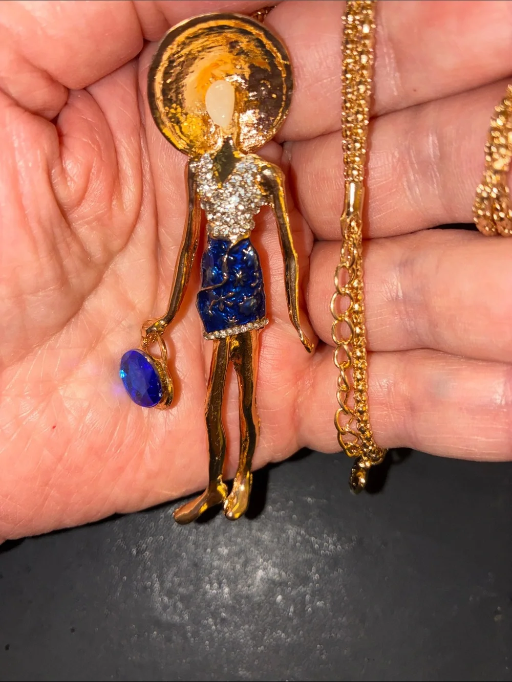 Doll Pendant Necklace with Blue Crystals